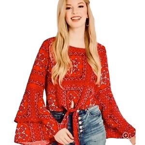NWT Altar'd State Red Bandana Print MacKenzie Bell Sleeves Top